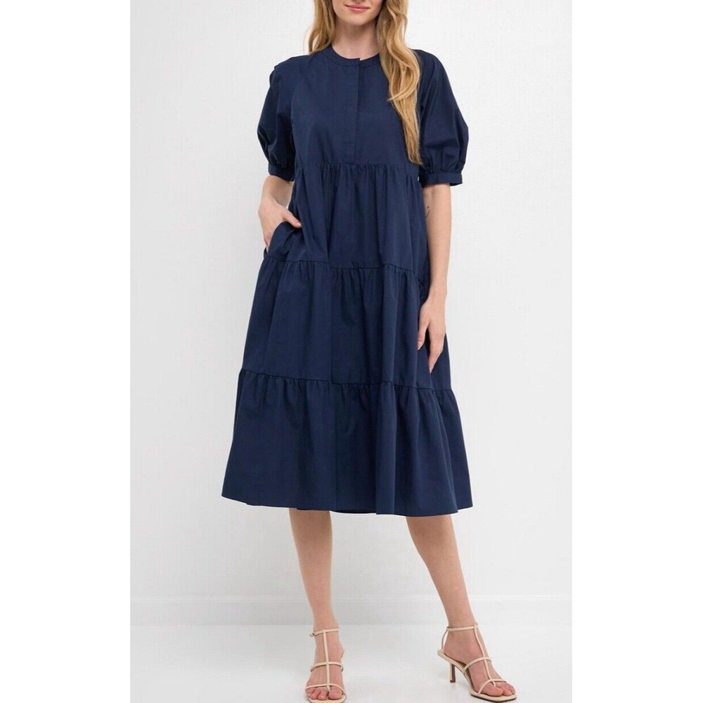 English Factory Midi Dress Women Blue Puff Sleeve Boho Preppy  Cottagcore Sz L